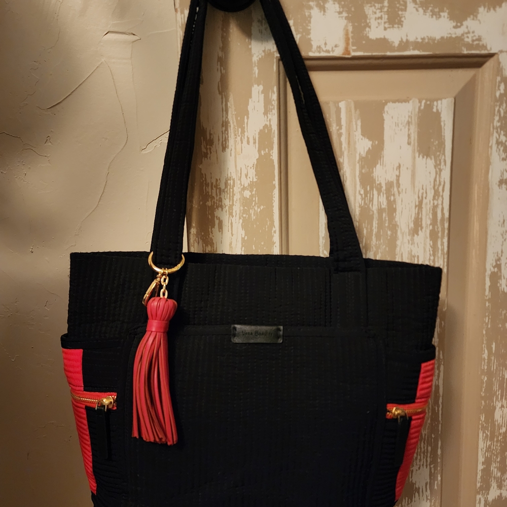 Vera Bradley Stylish Quilted Black and Red Tote Bag With Tassel